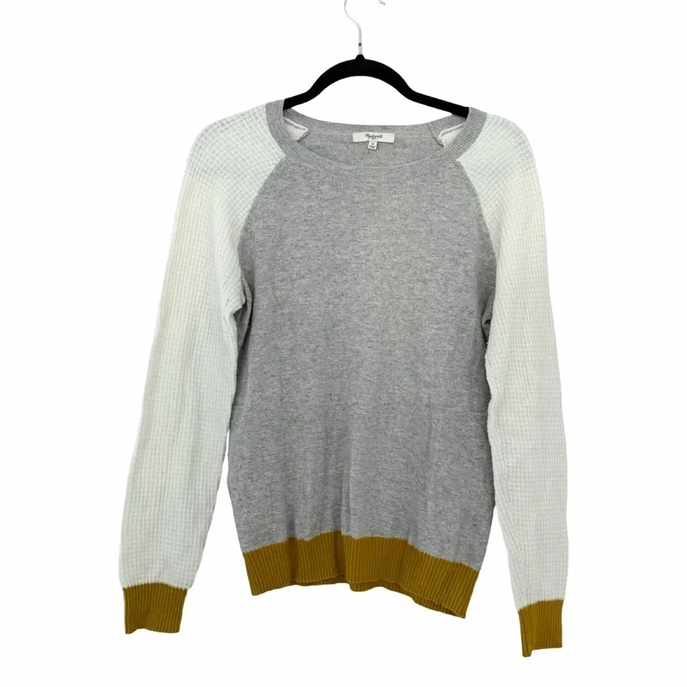 MADEWELL Crewneck Colorblock Gray Textured Waffle Knit Sweater Sz M - Picture 2 of 4